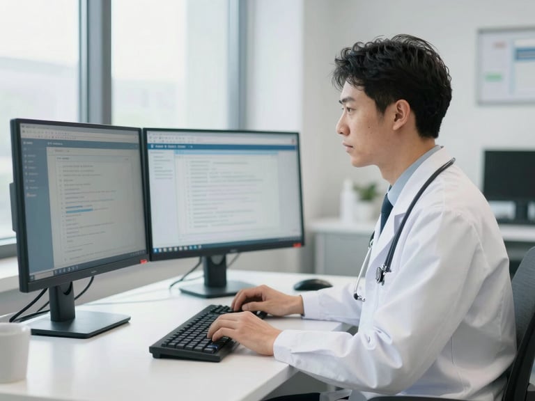 A focused healthcare administrator working with dual screens in a clean, bright modern medical office environment, daylight