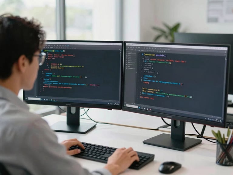 An over-the-shoulder shot of a developer analyzing clean code on dual monitors in a bright, modern office space with natural light, professional