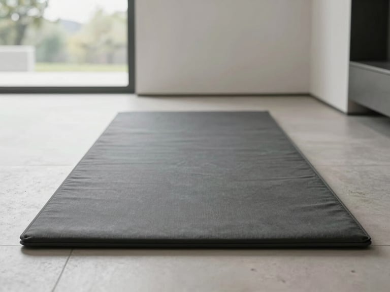 Straight-on profile of a minimalist charcoal walking pad integrated into a modern architectural home interior, soft diffused natural daylight, 50mm lens