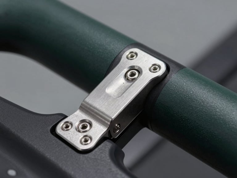 Macro close-up of a brushed aluminum treadmill hinge mechanism, precise engineering details, cool-toned studio key light, desaturated charcoal tones