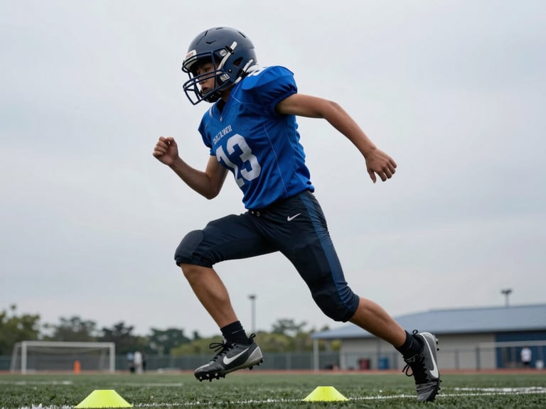 Low-angle action shot of youth football player sprinting through agility cones, sharp focus, overcast dramatic daylight, athletic blue and charcoal tones