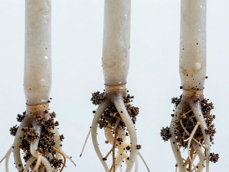 Macro close-up of healthy root systems intertwined with visible soil layers, under clean clinical white light, high-contrast cool tones.