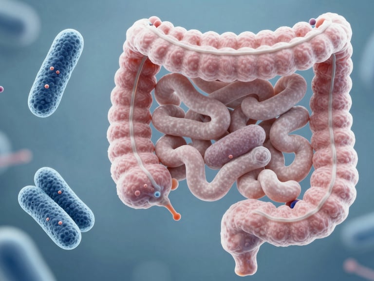 Microscopic view of beneficial gut bacteria in a healthy animal intestine, clinical scientific photography, bright clean laboratory lighting, crisp details, high-contrast cool tones.