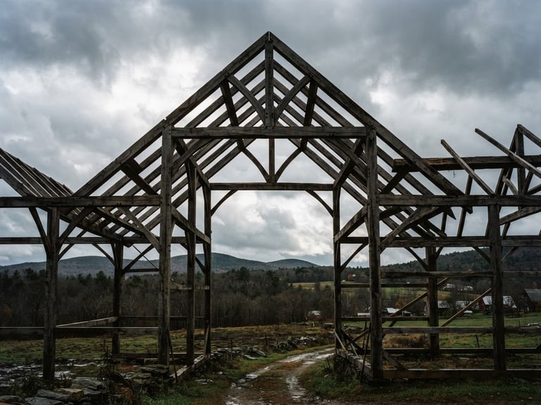 Wide environmental shot of a massive white oak timber frame silhouetted against a moody overcast Vermont sky, dramatic structural geometry, raw wood textures, 35mm film grain