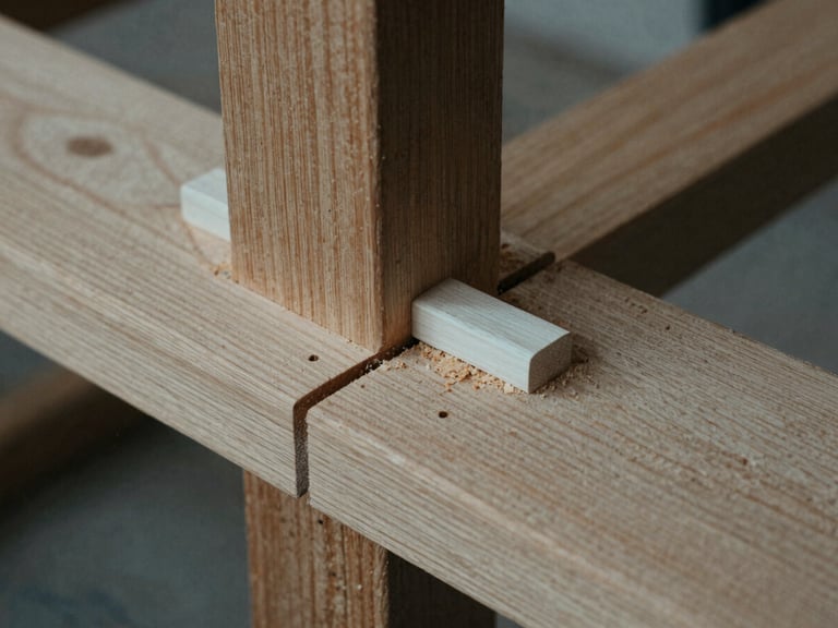Close-up of a hand-chiseled mortise and tenon joint with white oak pegs partially driven in, sawdust on the wood grain, moody heritage photography