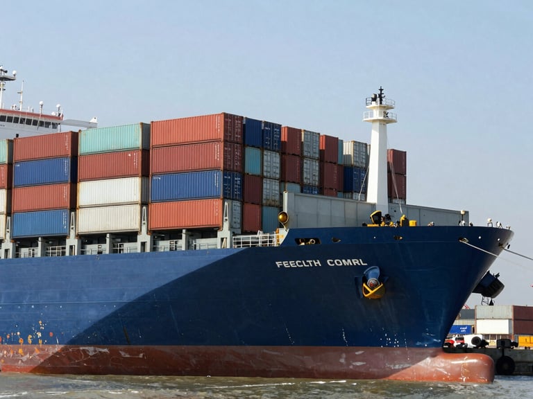 Wide-angle shot of shipping containers being loaded onto a cargo ship at a South Indian port, bright direct sunlight