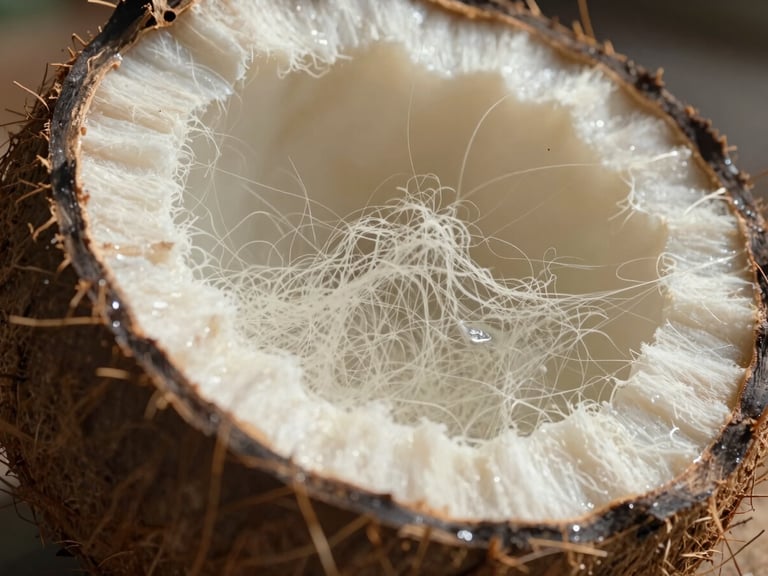 Macro close-up of compressed coco pith block expanding under hydration, showing raw fiber texture, harsh direct midday sun.