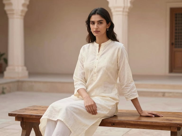 A model in a simple, beautifully draped ivory cotton kurti sitting on a wooden bench in a minimalist courtyard, soft diffused morning daylight, serene editorial pose