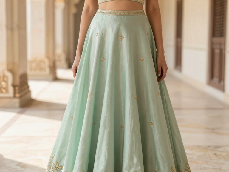 Elegant close-up of a model wearing a soft sage green silk lehenga with minimal gold embroidery, standing in a sunlit marble corridor, warm morning light, editorial drape