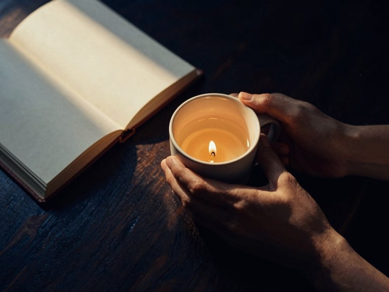 Chiaroscuro overhead shot of hands holding a warm ceramic mug next to an open leather journal, soft golden-hour window light, dark wood background, 35mm.