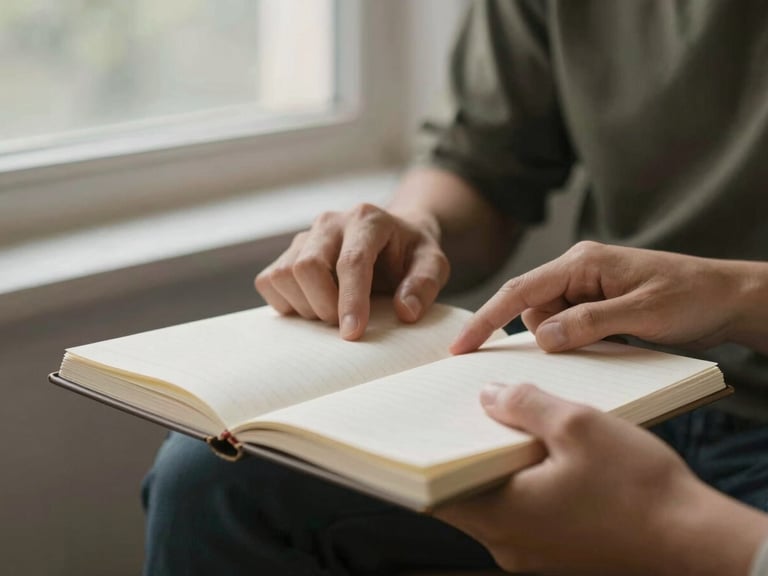 Medium shot of two people's hands gently touching an open notebook, conveying support and collaboration, soft natural window light, muted earth tones, shallow depth of field, 35mm.
