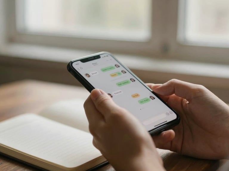 Close-up of hands holding a smartphone with a chat interface, soft natural window light, open journal nearby, muted earth tones, shallow depth of field, 35mm.