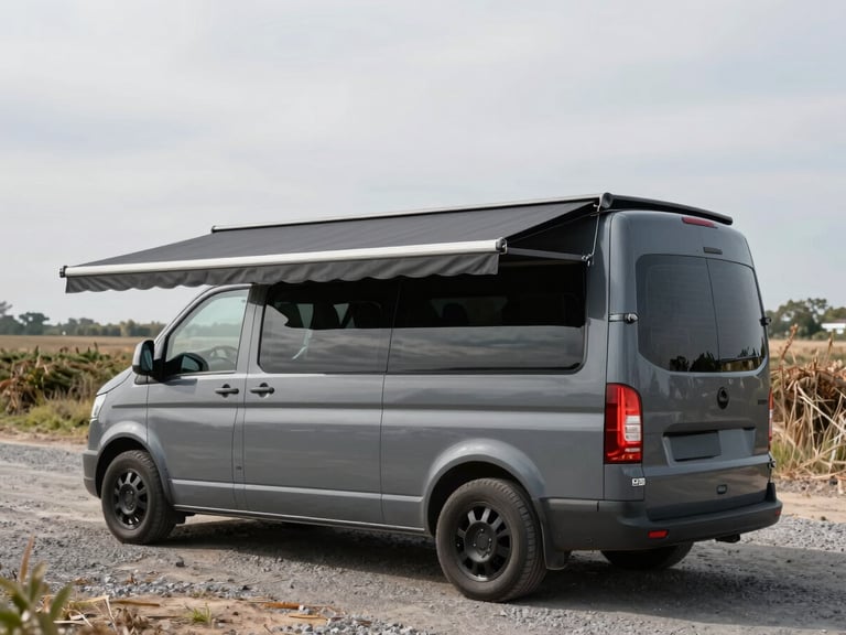 Wide shot from behind a slate-grey panel van on a gravel site, a bespoke side-entry awning fully deployed, fabric taut and level, natural overcast daylight, field and hedgerow visible beyond