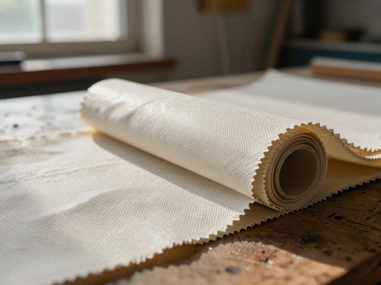 Close-up of heavy-gauge PVC-coated canvas fabric swatch on a workshop table, cross-section showing fabric weave and coating thickness, natural side-light from a workshop window picking out the texture