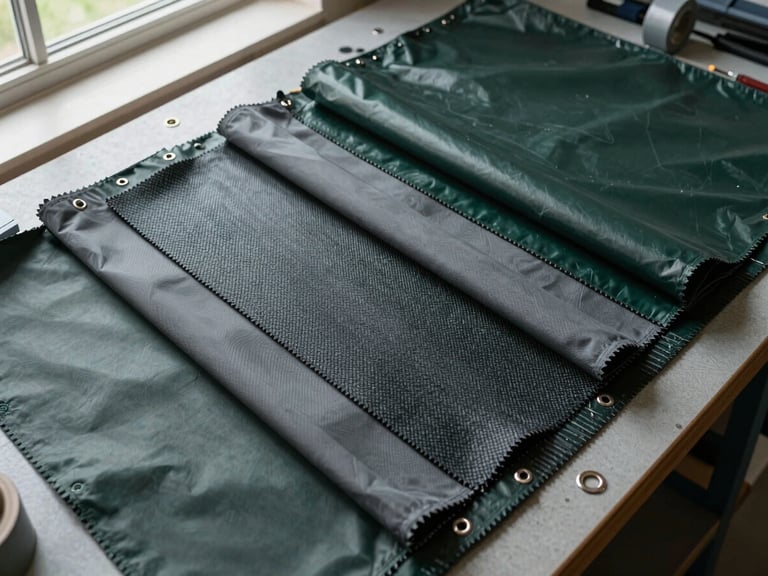 Overhead flat-lay of heavy-duty technical fabric swatches fanned across a workshop cutting table — PVC-coated canvas, reinforced woven polyester, and acrylic cloth in dark greens and greys, natural window light, metal grommets and binding tape scattered at edges