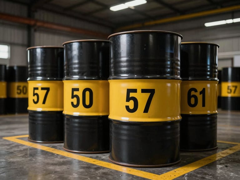 Macro shot of sealed industrial oil drums stacked in a dark warehouse, high-contrast yellow safety stripes on the concrete floor, dramatic industrial lighting highlighting product serial numbers.