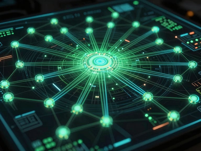 Wide-angle system map showing glowing data streams connecting nodes on a dark background, electric green and cyan highlights