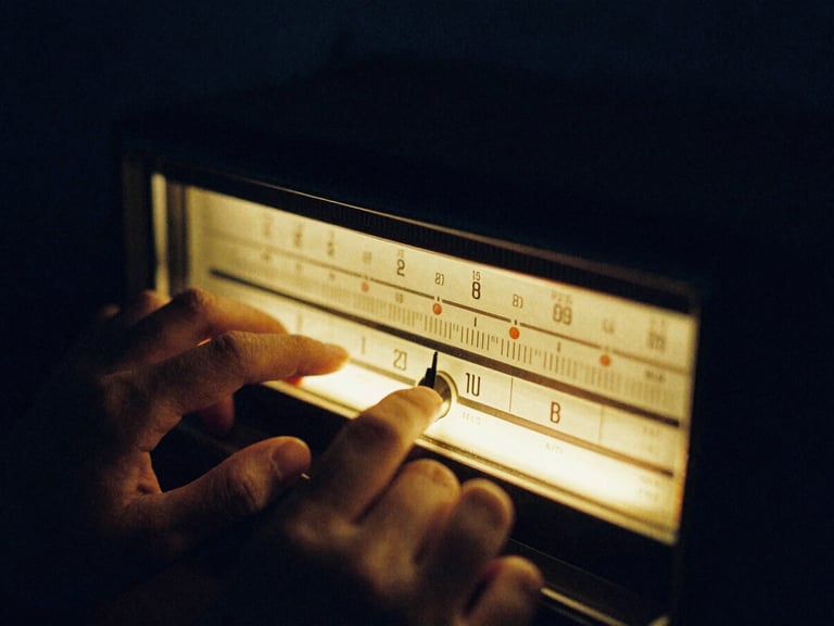 Close-up detail of a vintage analog radio dial glowing warm gold in a dimly lit room, hands adjusting the tuner, 35mm film grain