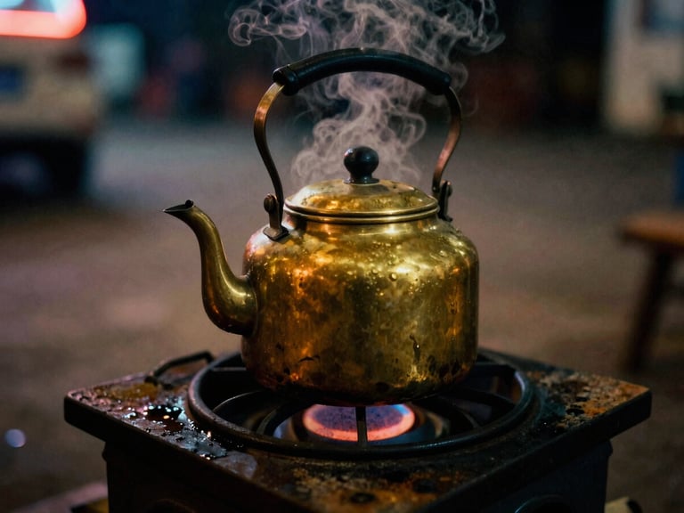 Moody low-key close-up of a steaming brass tea kettle on a rustic stove, warm tungsten lighting, soft neon reflections in puddles, 35mm film grain