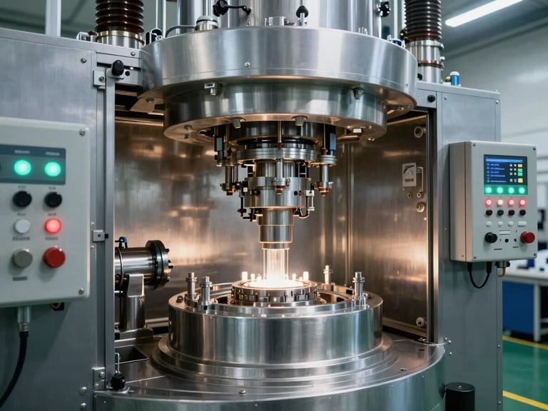 A vacuum pressure impregnation chamber inside a modern electrical manufacturing facility, metallic silver surfaces, technical control panels with glowing LED indicators, cool high-contrast lighting.