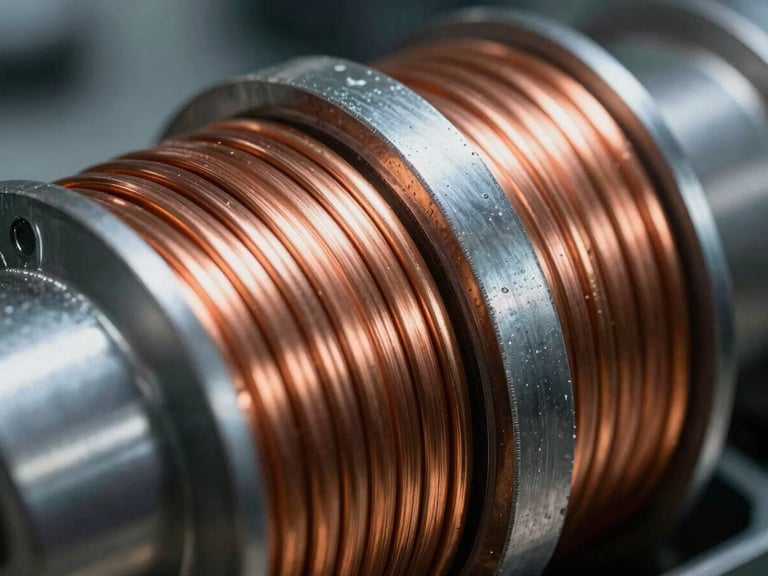 High-contrast macro photograph of layered copper coils wrapped around a steel core, precise insulation layers visible under cool technical lighting.