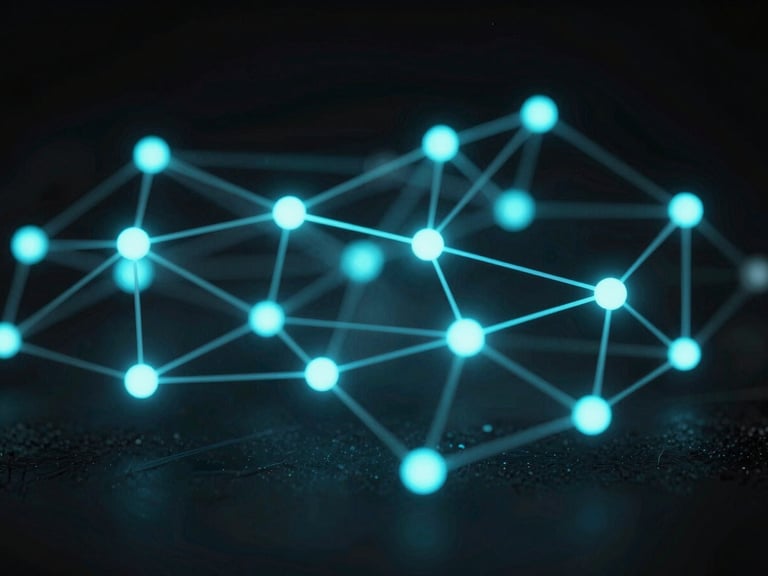 Macro close-up of abstract digital network nodes, glowing cyan data points connected by thin structural lines, dark low-key studio lighting, high contrast.