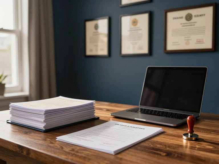 Wide shot of a professional home office, notary certificates in slim frames on a navy wall, a laptop open beside a neatly stacked set of printed templates and a notary seal on a wooden desk, warm golden-hour light from a side window