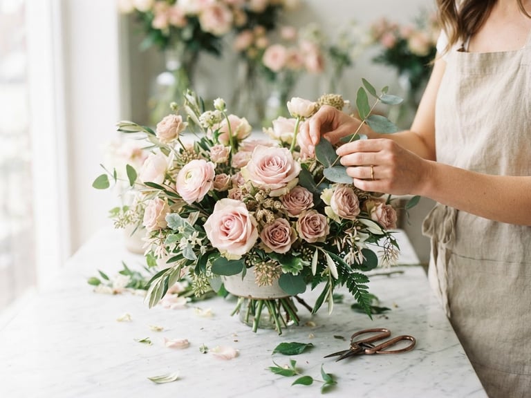 Elegant editorial photography of hands of a florist arranging delicate pastel pink roses and fresh sage green foliage on a clean white marble table, soft natural side light, shallow depth of field