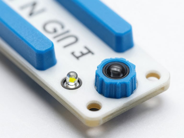 Close-up of an IR sensor module with a small LED emitter and receiver, integrated into a clean prototype board, bright studio lighting, soft diffused shadows, crisp medical blue accents, 50mm lens, detailed labels.
