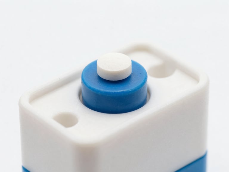 Macro shot of a miniature load cell sensor integrated into a clean, white plastic enclosure, bright studio lighting, soft diffused shadows, crisp medical blue accents, 50mm lens, with a small pill visible on top.