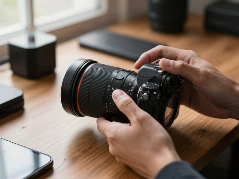 Tight macro shot of hands adjusting a high-end camera lens over a wooden desk cluttered with modern gadgets, warm key lighting, sharp focus, 35mm lens