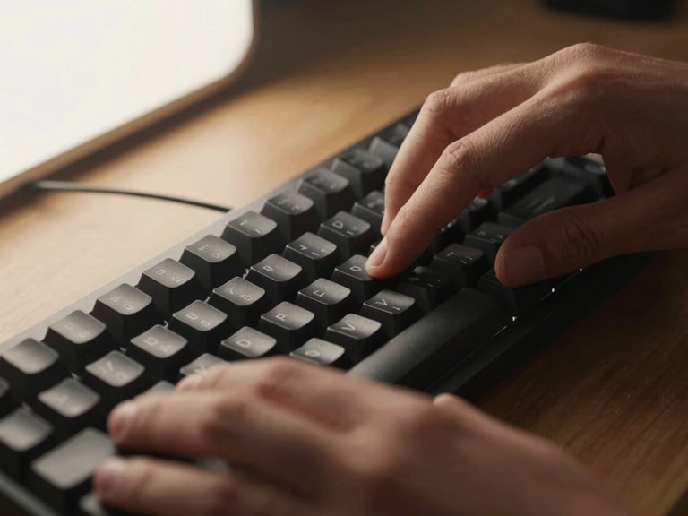 Close-up of hands adjusting a high-end mechanical keyboard under warm studio light, macro shot, 35mm lens