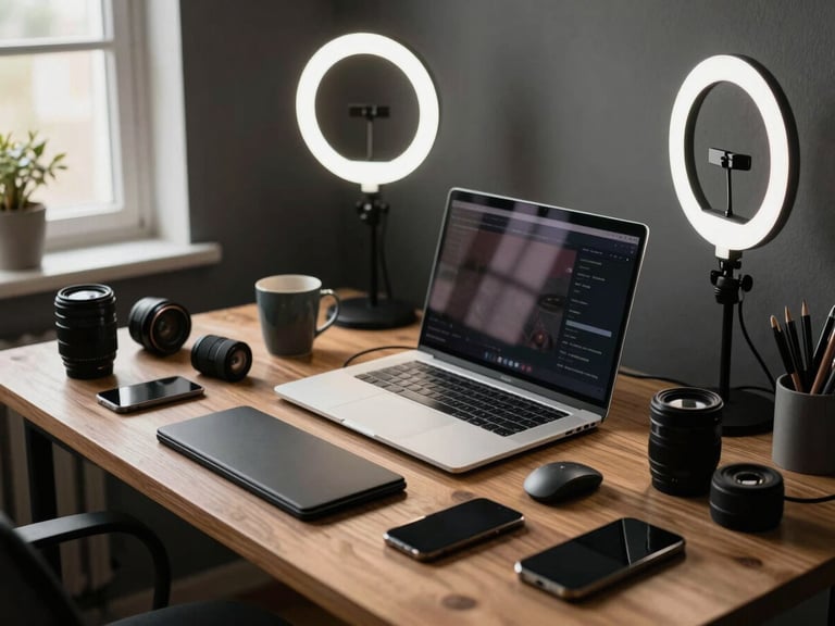 A cozy studio desk cluttered with fashionable tech gadgets, a ring light reflecting in a laptop screen, creative chaos