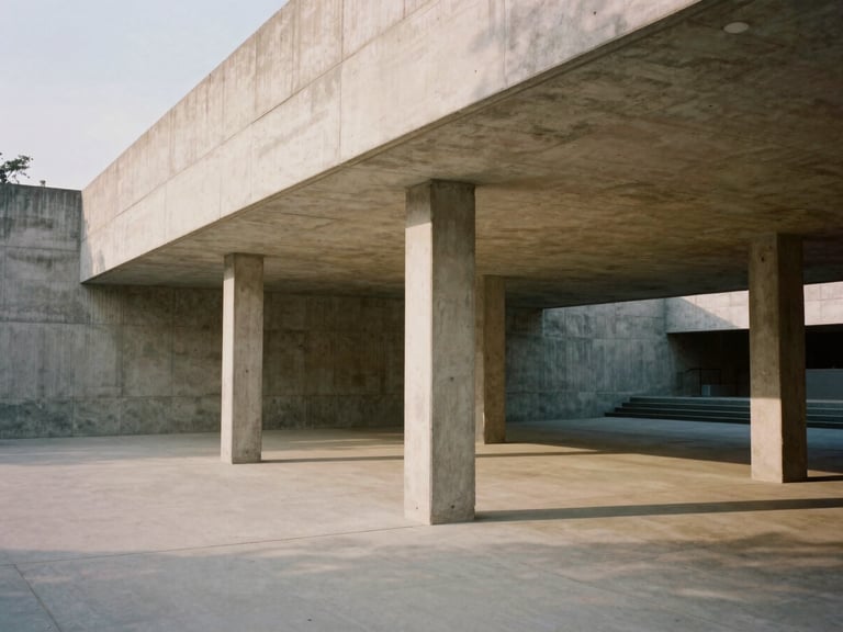 Wide environmental shot of a brutalist concrete pavilion, soft diffused daylight, long shadows, medium-format film aesthetic.