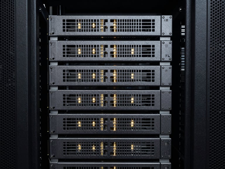 stark architectural photography, cool high-contrast lighting, close-up of a server rack with glowing indicators, desaturated tones with sharp focus, 35mm