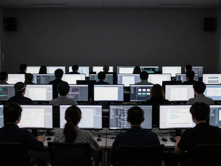 stark architectural photography, cool high-contrast lighting, candid shot of a technical team analyzing screens in a dark room, desaturated tones with sharp focus, 35mm