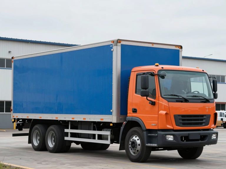 A clean 26-foot straight box truck parked in a Rochester industrial park, bright overcast daylight, realistic commercial photography, 35mm