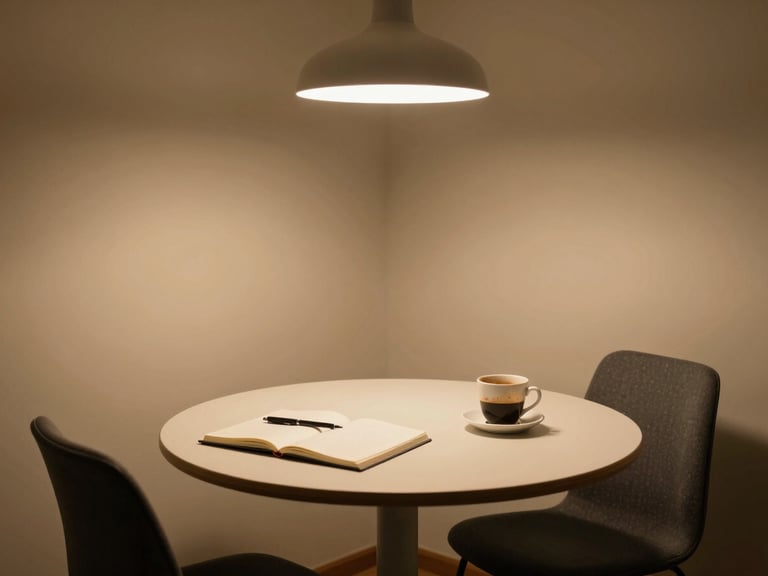 Environmental wide shot of a small private meeting room with warm tungsten lamp light, a round table with two chairs, an open notebook and pen resting on the table, a half-drunk cup of coffee nearby — purposeful and calm, no people in frame, the room reads as actively used