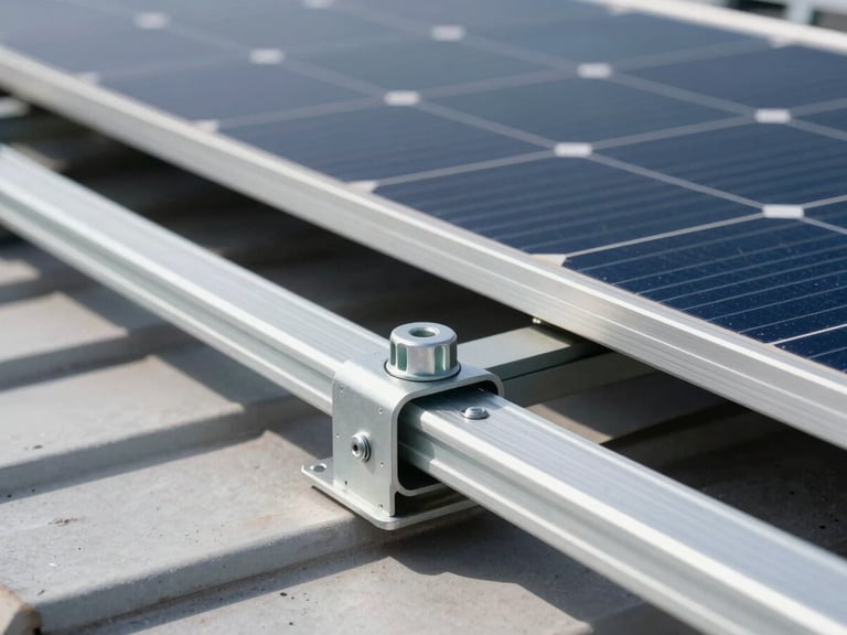 Close-up of heavy-duty structural mounting hardware and aluminum rails securing a solar panel to a roof under bright daylight.