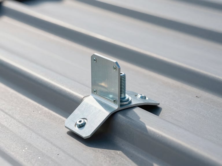 Extreme close-up of a heavy-duty anodized aluminum solar mounting bracket bolted to a modern standing-seam metal roof, harsh direct midday sunlight casting sharp shadows, highlighting the metallic texture and robust engineering.