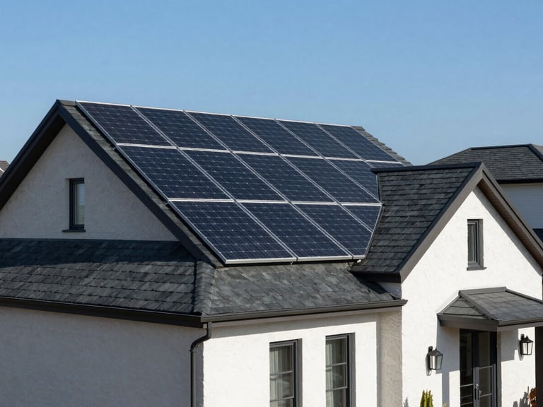 Wide-angle architectural elevation of a modern suburban home with clean-cut dark monocrystalline solar panels integrated flush onto a slate roof under harsh direct midday sun.