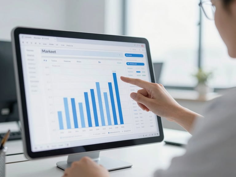 Modern data analyst reviewing a dashboard with a heatmap of market signals, bright office lighting, shallow depth of field