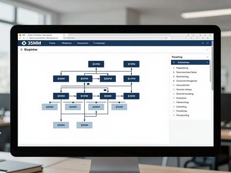 Straight-on technical display of a consulting simulation interface, showing decision trees, compliance metrics, and structured diagnostic reports, cool office daylight, 35mm