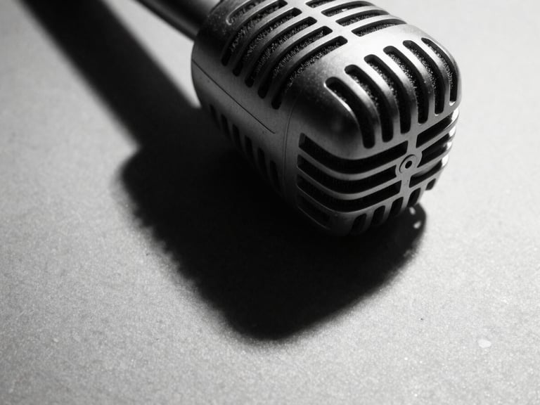 Extreme close-up of a vintage microphone with sharp, dramatic shadows on a textured surface, harsh studio light. High-contrast black and white photography, sharp focus, 35mm film grain.