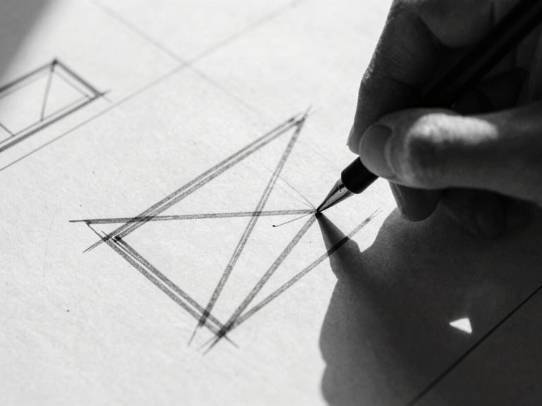 Extreme close-up of a hand sketching bold, geometric shapes on a blueprint, stark shadows, harsh studio light. High-contrast black and white photography, sharp focus, 35mm film grain.