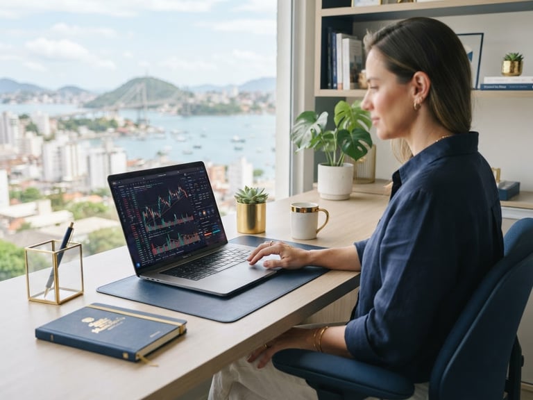 Bright modern workspace in Florianópolis with soft coastal daylight, a clean desk with a laptop displaying financial charts, subtle gold and navy elements, shallow depth of field.