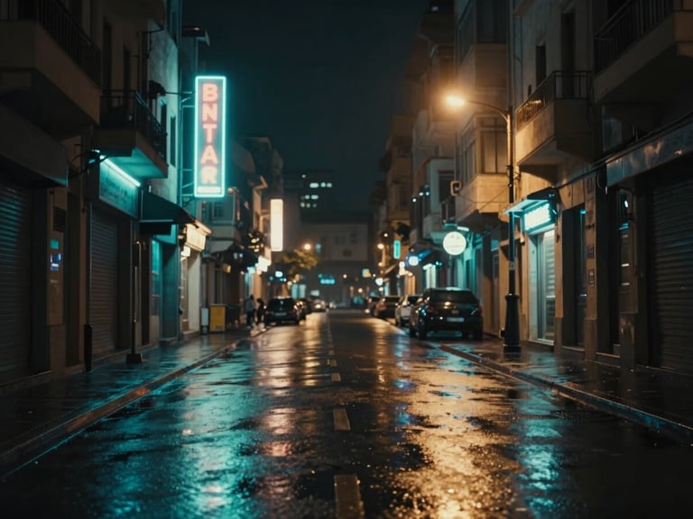 Cinematic wide 21:9 still of Beirut streets at night, glowing neon signs, wet asphalt reflecting teal and amber lights, moody atmosphere.