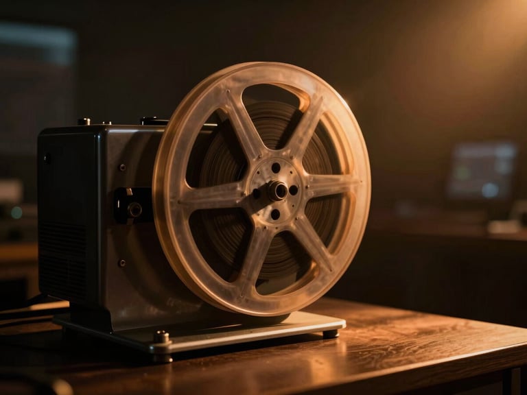 Close-up of a vintage film projector reel spinning in a dark editing room, dramatic warm amber light casting long shadows.