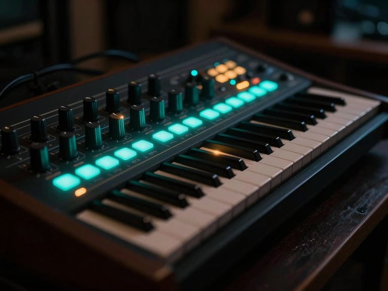 Atmospheric close-up of a vintage analog synthesizer with glowing neon teal and amber indicator lights in a dark recording studio, shallow depth of field