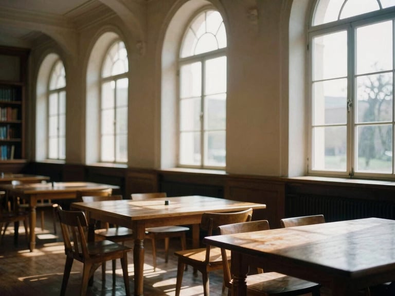A quiet historic library with warm natural daylight streaming through tall arched windows, wooden tables, rich shadows, medium format film look.